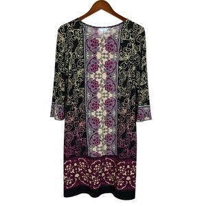 London Times Dress Shift 3/4 Sleeve Stretchy Black Purple Knee Length Women's 12